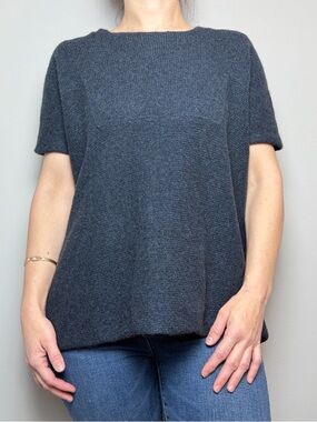 The Elder Statesman Navy Cashmere Short Sleeve Poncho Style Top